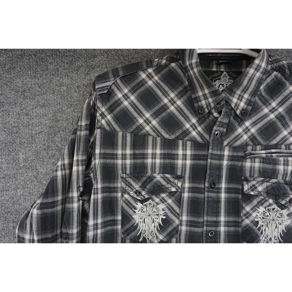 Ocho Mens XXL Plaid Western Shirt Embroidered Gothic Cross Wing Cyber Y2K Grunge